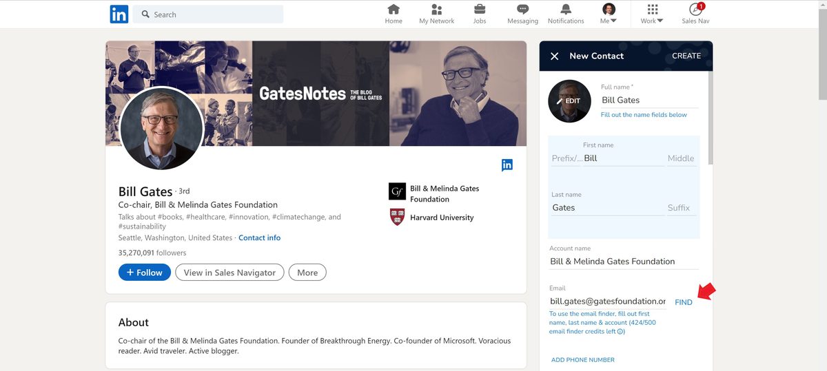 Find business emails from within LinkedIn