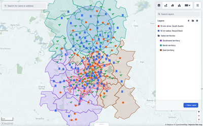 Salesflare accounts across sales territories with drive-time catchments and radius layers.