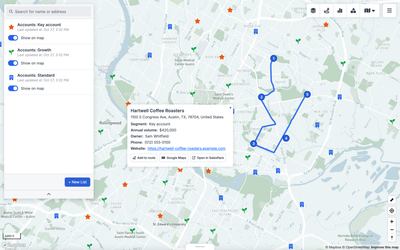 Salesflare accounts by segment, a planned visit route and an account popup with Open in Salesflare.